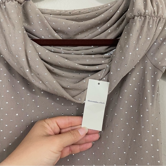 NWT Abercrombie & Fitch Taupe Off-The-Shoulder Rhinestone Mesh Maxi Dress XSP - Picture 5 of 16